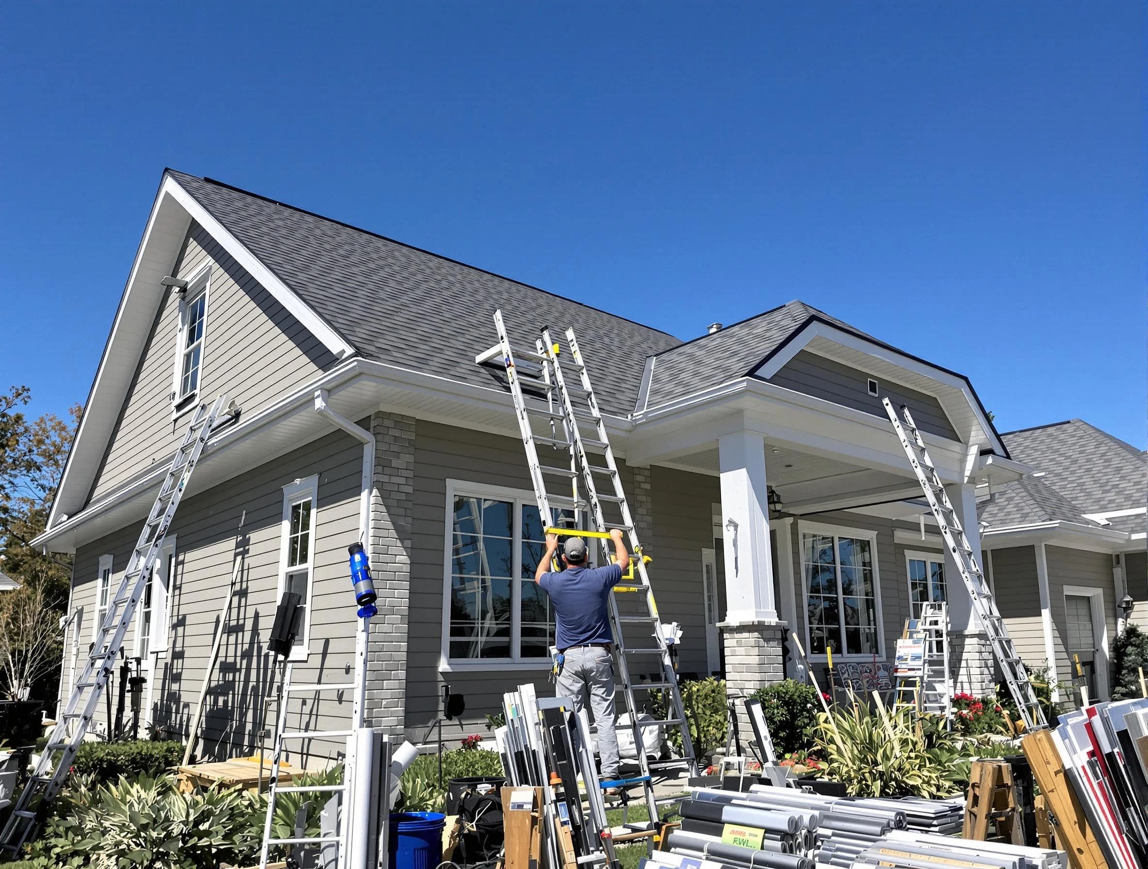 New Franklin Roofing Company fitting rain gutters at a home in New Franklin, OH