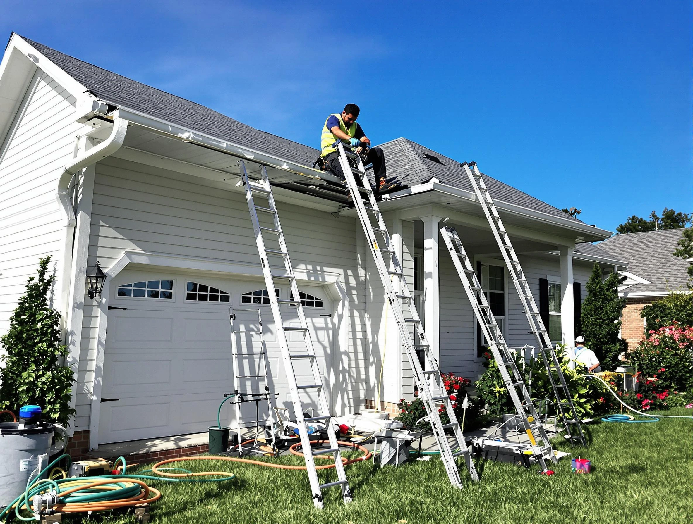 Removal of old gutters by New Franklin Roofing Company to install new system in New Franklin, OH